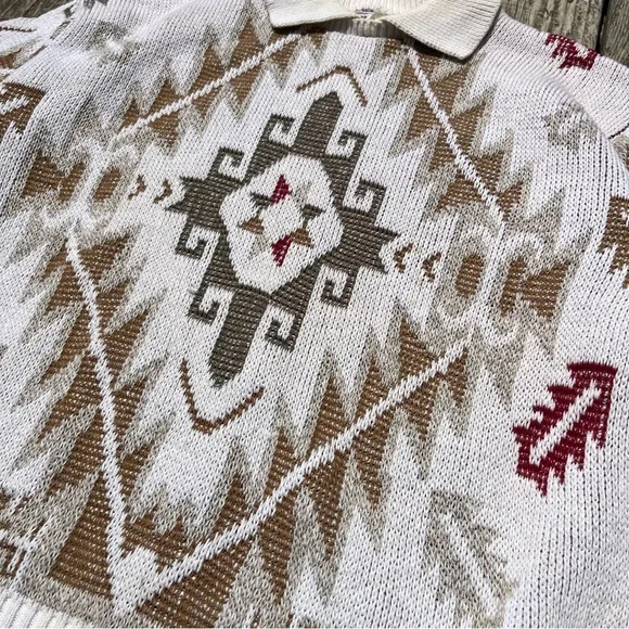 Vintage Southwestern Knit Cream Short Sleeve Collared Sweater Size Medium - Picture 5 of 10